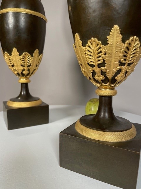 A pair vof Empire gilt and patinated bronze ewers attributed to Claude Galle