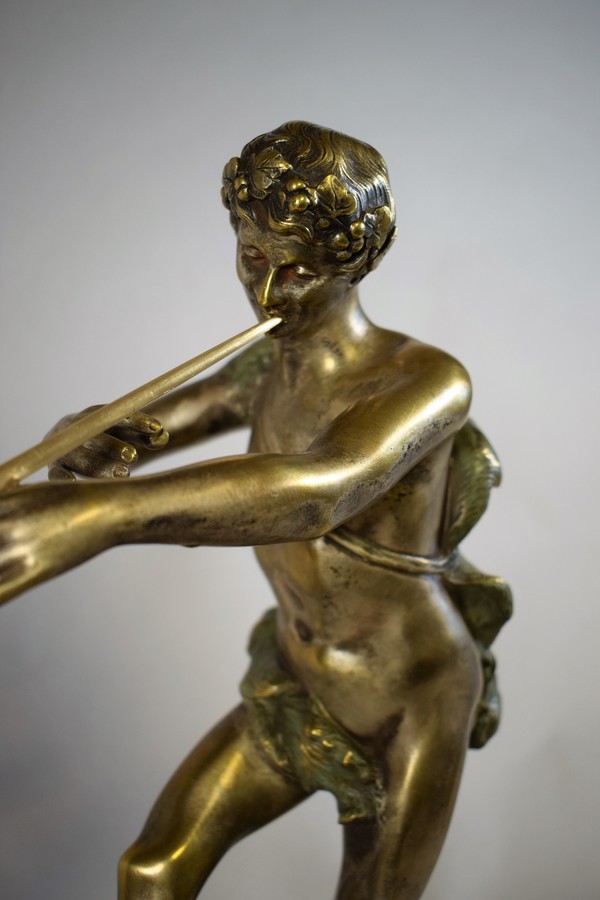 Art Deco Sculpture Bacchus playing Flute for a Dancing Nymph on a Portor Marble Base 