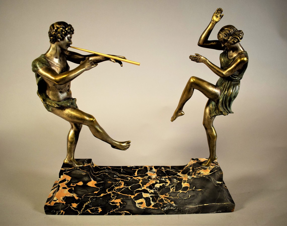 Art Deco Sculpture Bacchus playing Flute for a Dancing Nymph on a Portor Marble Base 