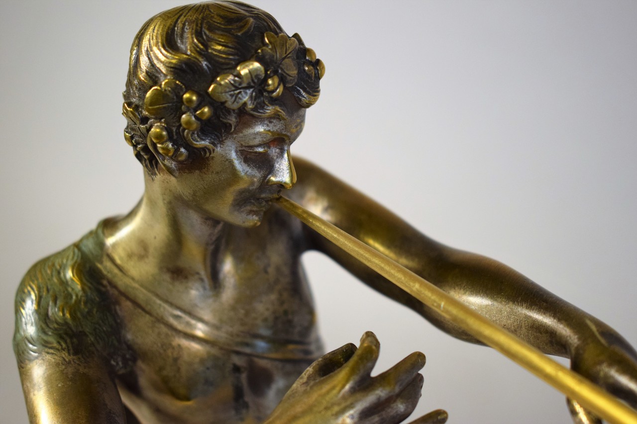 Art Deco Sculpture Bacchus playing Flute for a Dancing Nymph on a Portor Marble Base 