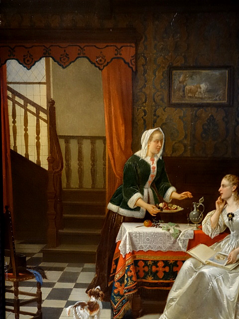 Painting signed Alexis Van Hamme Interior Scene with two Ladies