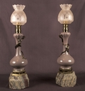 Pair of oil lamps in the oriental style with porcelain, patinated bronze and cut glass, France end 19th century