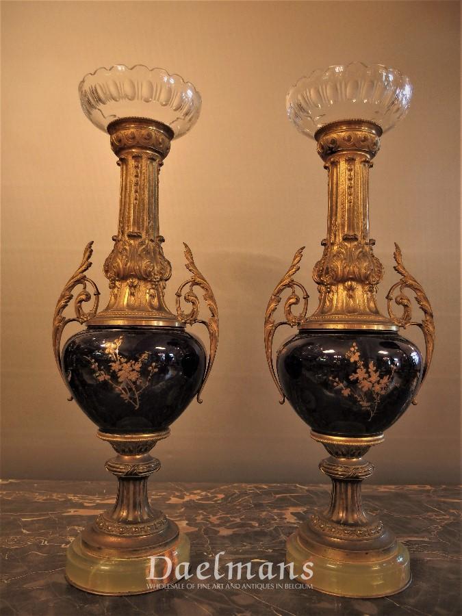 Pair Sevres Porcelain Flower Vases Gilt Bronze Holders Porcelain